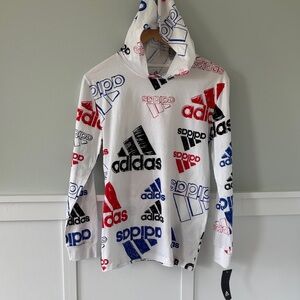 Adidas White Hoodie with Red, Blue, and Black Logos